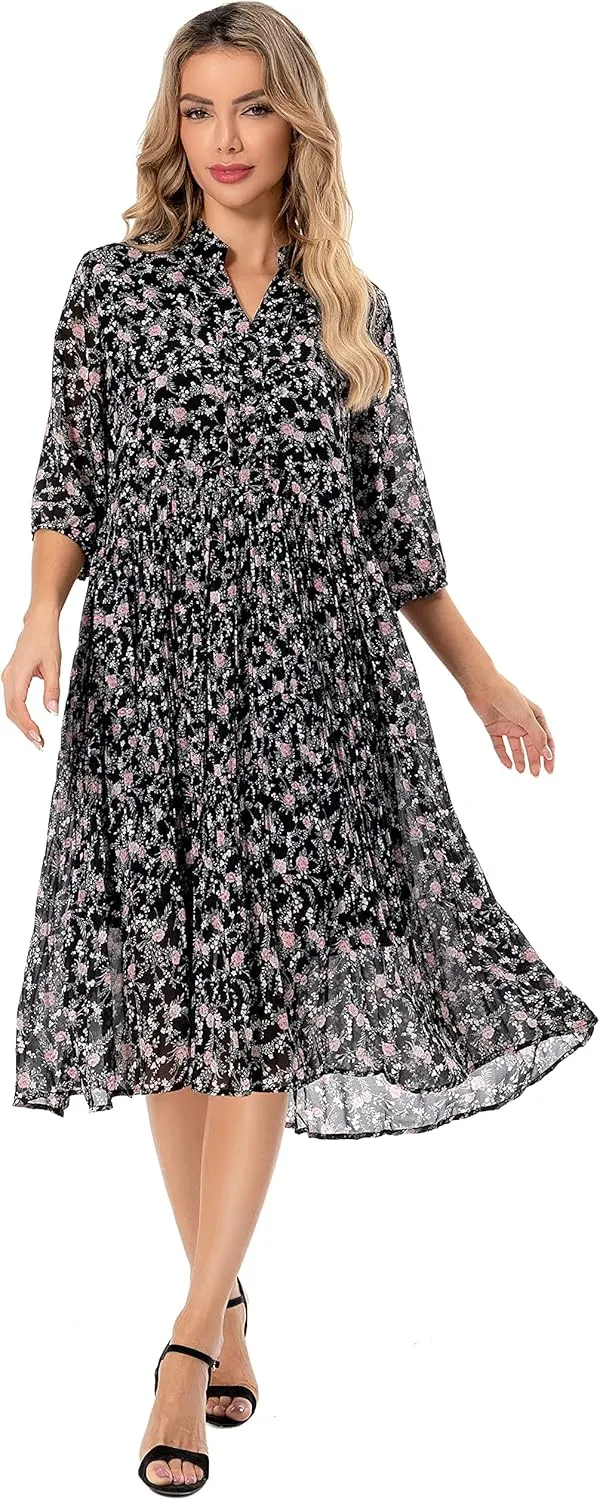 Shineflow Women's Short Sleeve V-Neck 3/4 Sleeve Button Up Chiffon Floral Pleated Midi Swing Dress with Belt