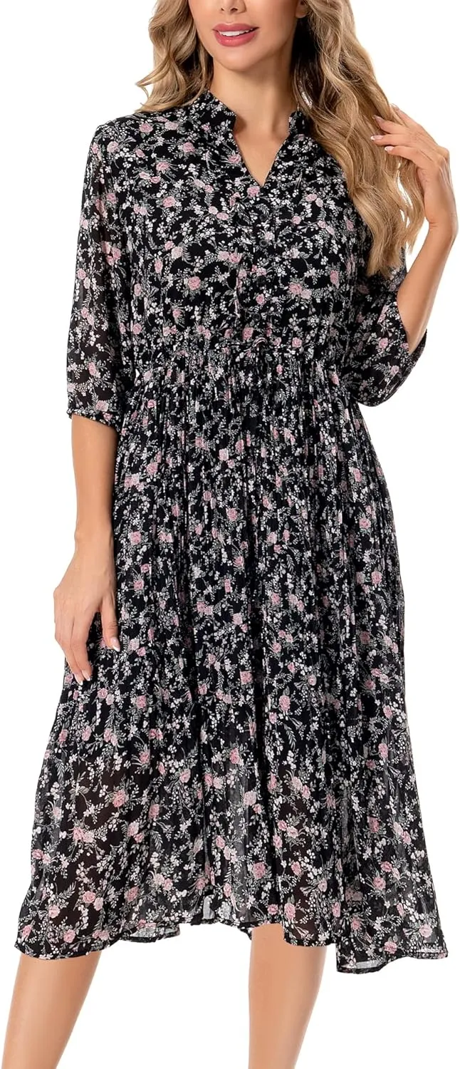 Shineflow Women's Short Sleeve V-Neck 3/4 Sleeve Button Up Chiffon Floral Pleated Midi Swing Dress with Belt