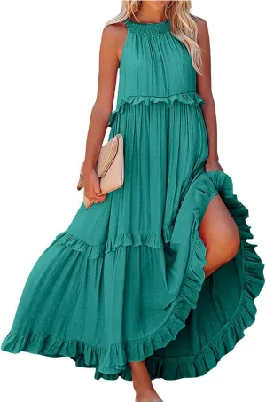 Smocked Dress Women Summer Sleeveless Tank Sundress Halter Tie Back Loose Flowy Ruffle Maxi Dresses with Pockets
