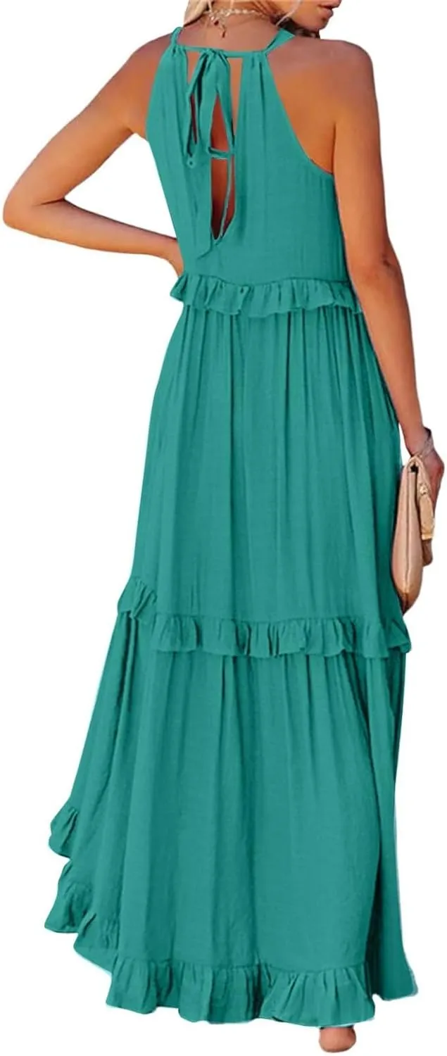 Smocked Dress Women Summer Sleeveless Tank Sundress Halter Tie Back Loose Flowy Ruffle Maxi Dresses with Pockets