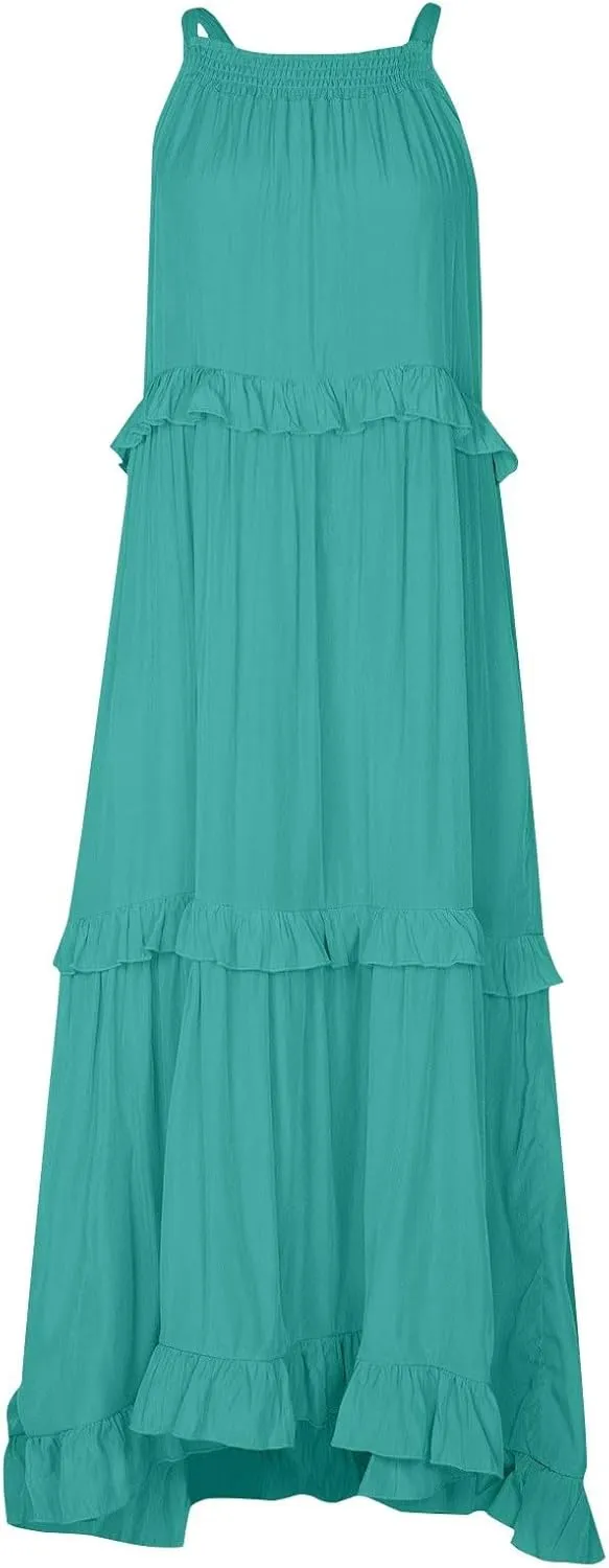 Smocked Dress Women Summer Sleeveless Tank Sundress Halter Tie Back Loose Flowy Ruffle Maxi Dresses with Pockets