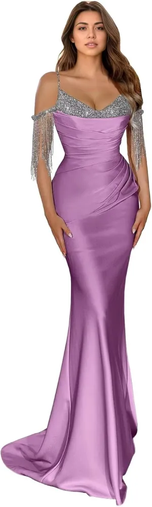 Spaghetti Straps Mermaid Prom Dresses 2024 Long Sparkly Sequin Off The Shoulder Beaded Formal Evening Party Gowns DR0630