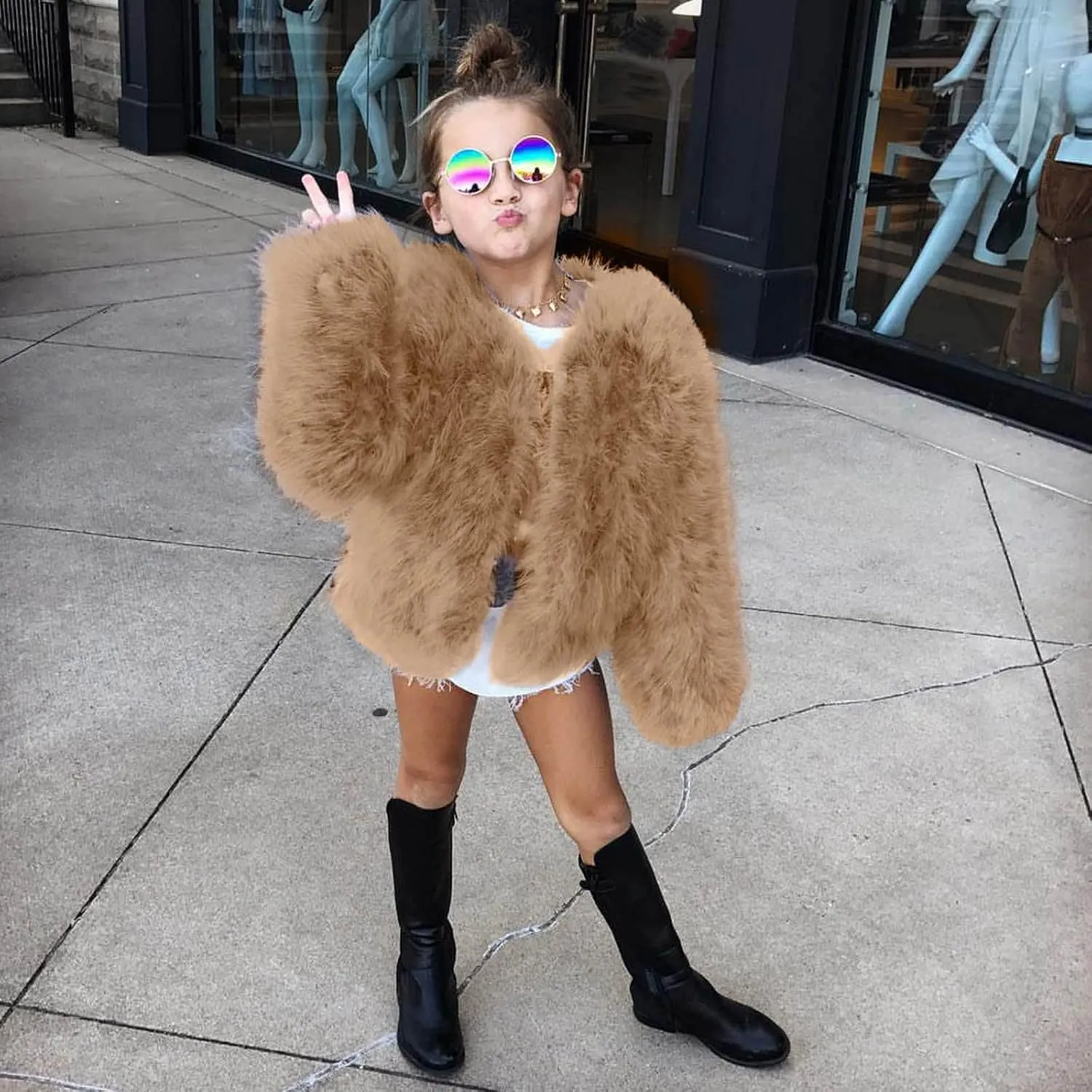 Toddler Kids Girls Faux Fur Jacket Coat Winter Warm Thicken Fluffy Jacket Winter Jackets Furry Coat Outerwear 1-7 Years (Khaki, 6-7 Years)