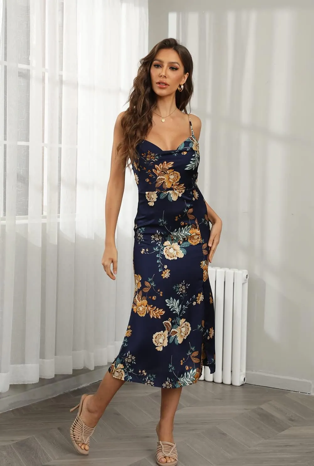 Tsher Women's Sleeveless Spaghetti Strap Satin Wedding Guest Party Dress Cowl Neck Backless Midi Formal Dresses