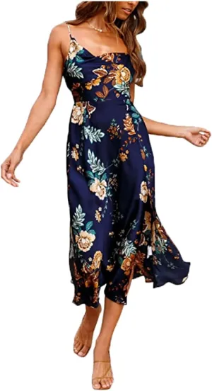 Tsher Women's Sleeveless Spaghetti Strap Satin Wedding Guest Party Dress Cowl Neck Backless Midi Formal Dresses