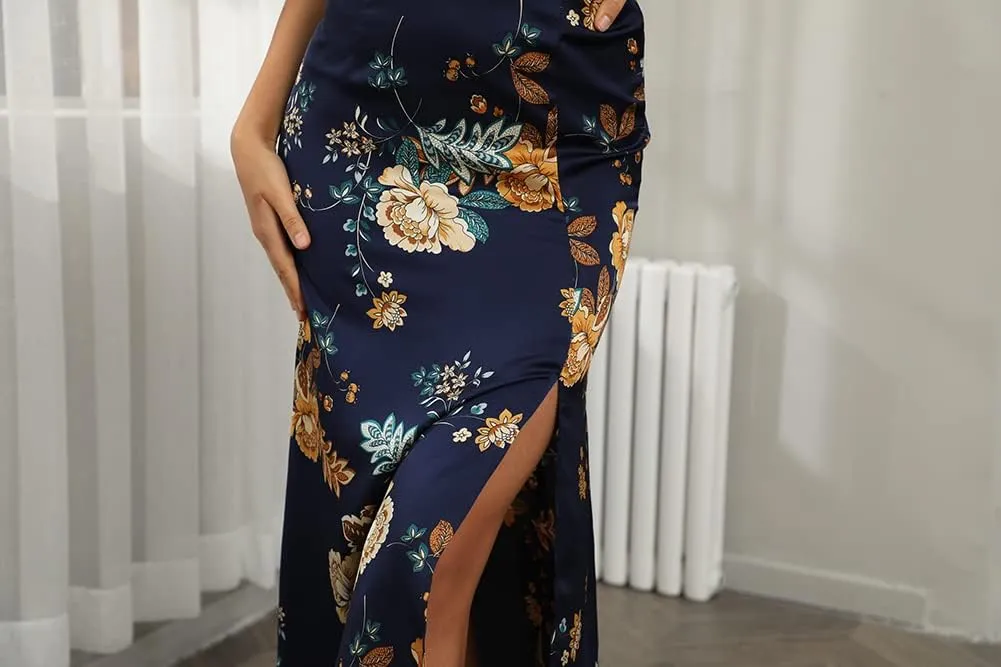 Tsher Women's Sleeveless Spaghetti Strap Satin Wedding Guest Party Dress Cowl Neck Backless Midi Formal Dresses
