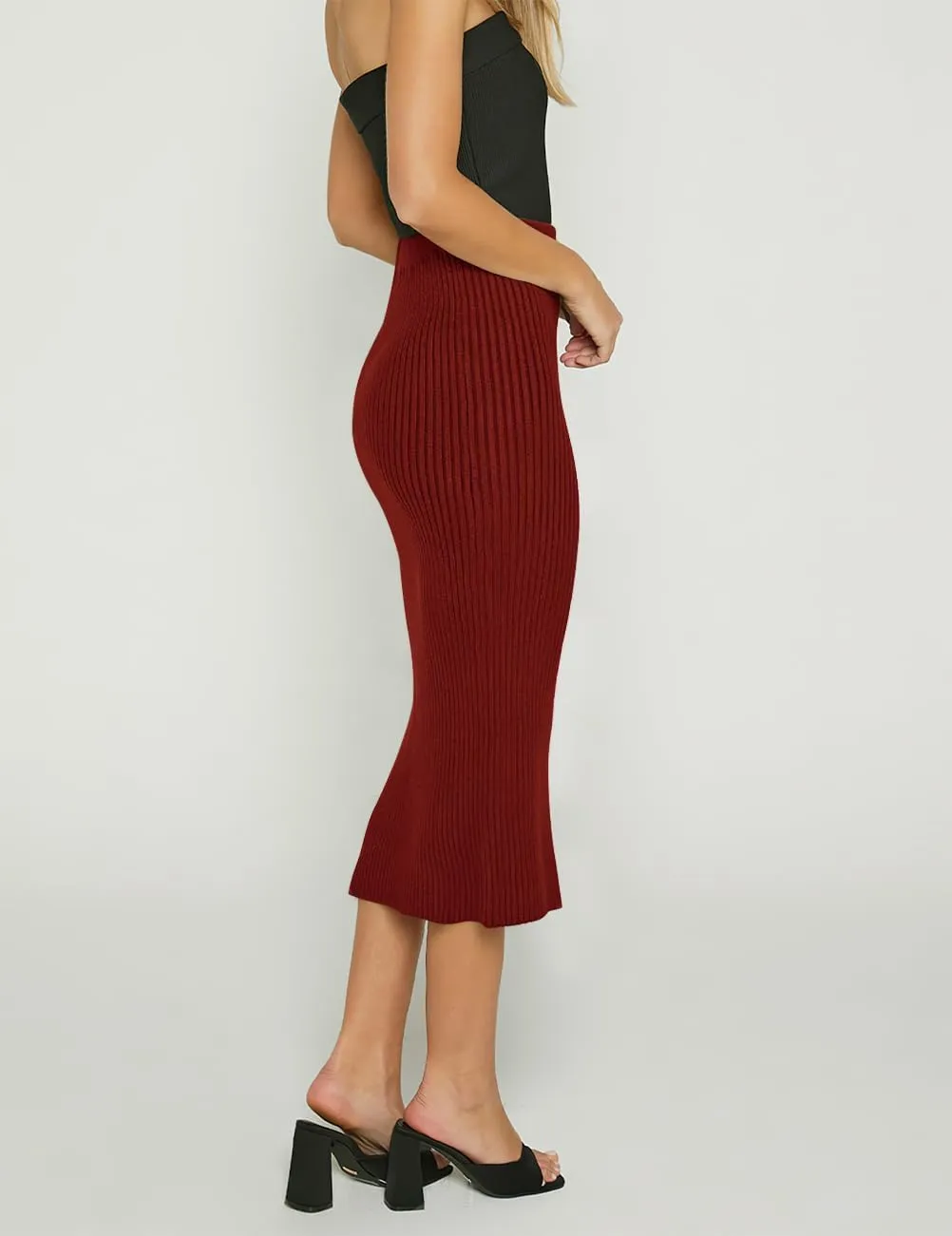v28 Women Side Split Midi High Waisted Stretchy Ribbed Bodycon Casual Knit Pencil Skirt