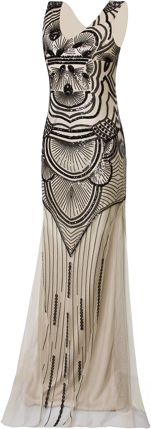 Vijiv 1920s Long Maxi Prom Gowns Sequin Mermaid Bridesmaid Formal Evening Dress