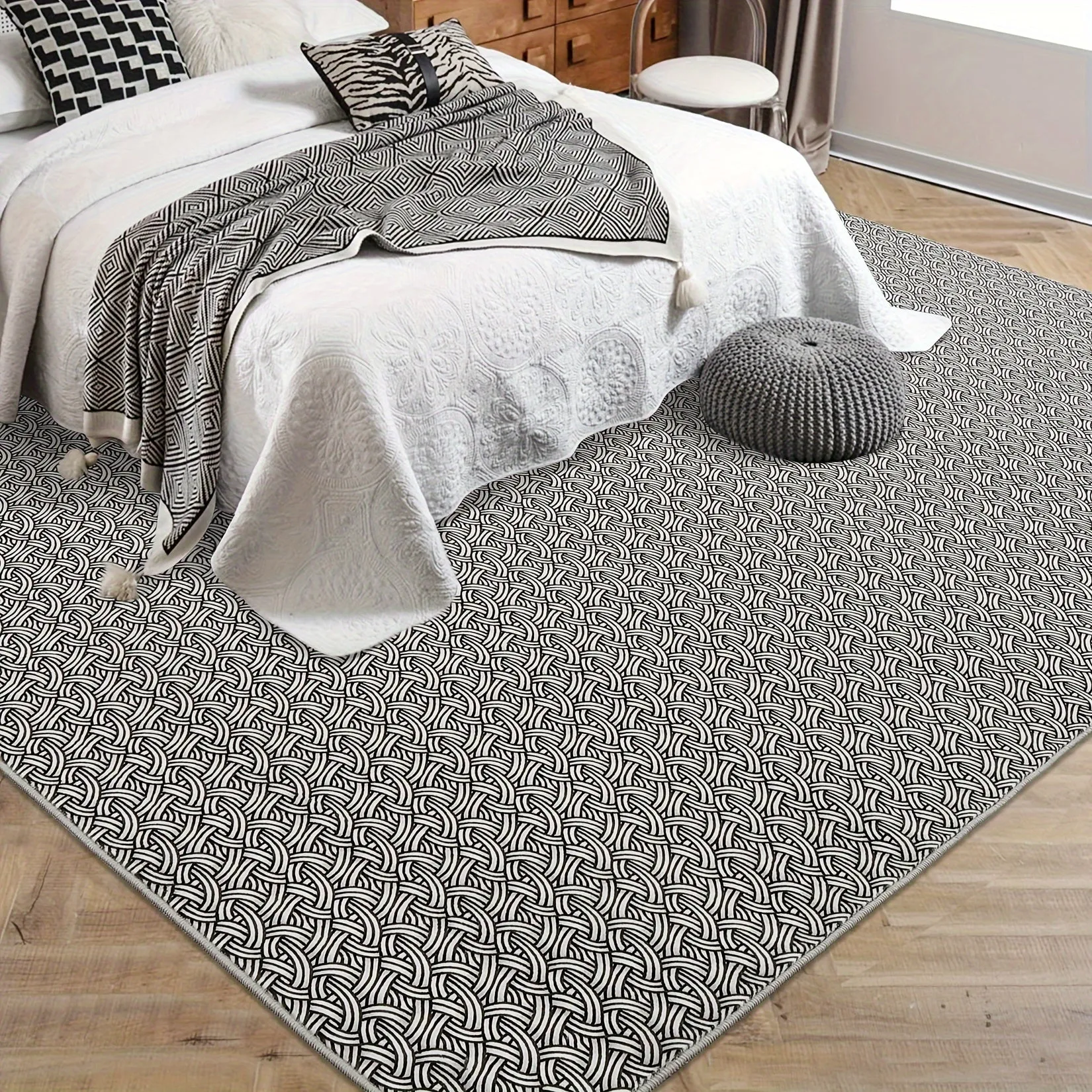 Washable Braided Print Area Rugs with Non-Slip Backing, Low Pile Ultra-Thin Floor Carpet for Living Room, Modern Design Printed Rug for Bedroom Dining Room, Black