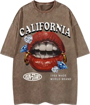 WDIRARA Men's Y2k Lip Graphic Print Tees Vintage Hipster Hip Hop Crew Neck T-Shirt Streetwear Top