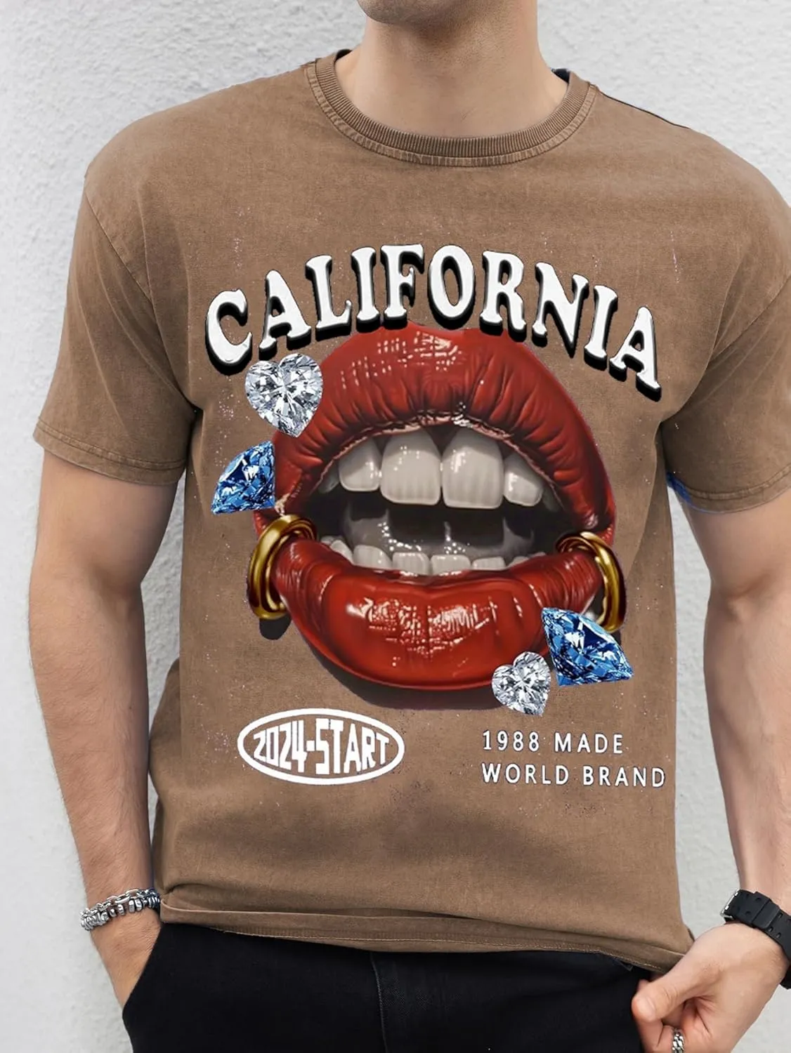 WDIRARA Men's Y2k Lip Graphic Print Tees Vintage Hipster Hip Hop Crew Neck T-Shirt Streetwear Top