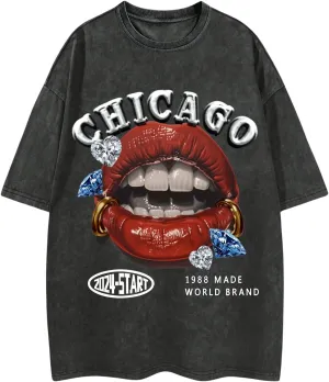 WDIRARA Men's Y2k Lip Graphic Print Tees Vintage Hipster Hip Hop Crew Neck T-Shirt Streetwear Top