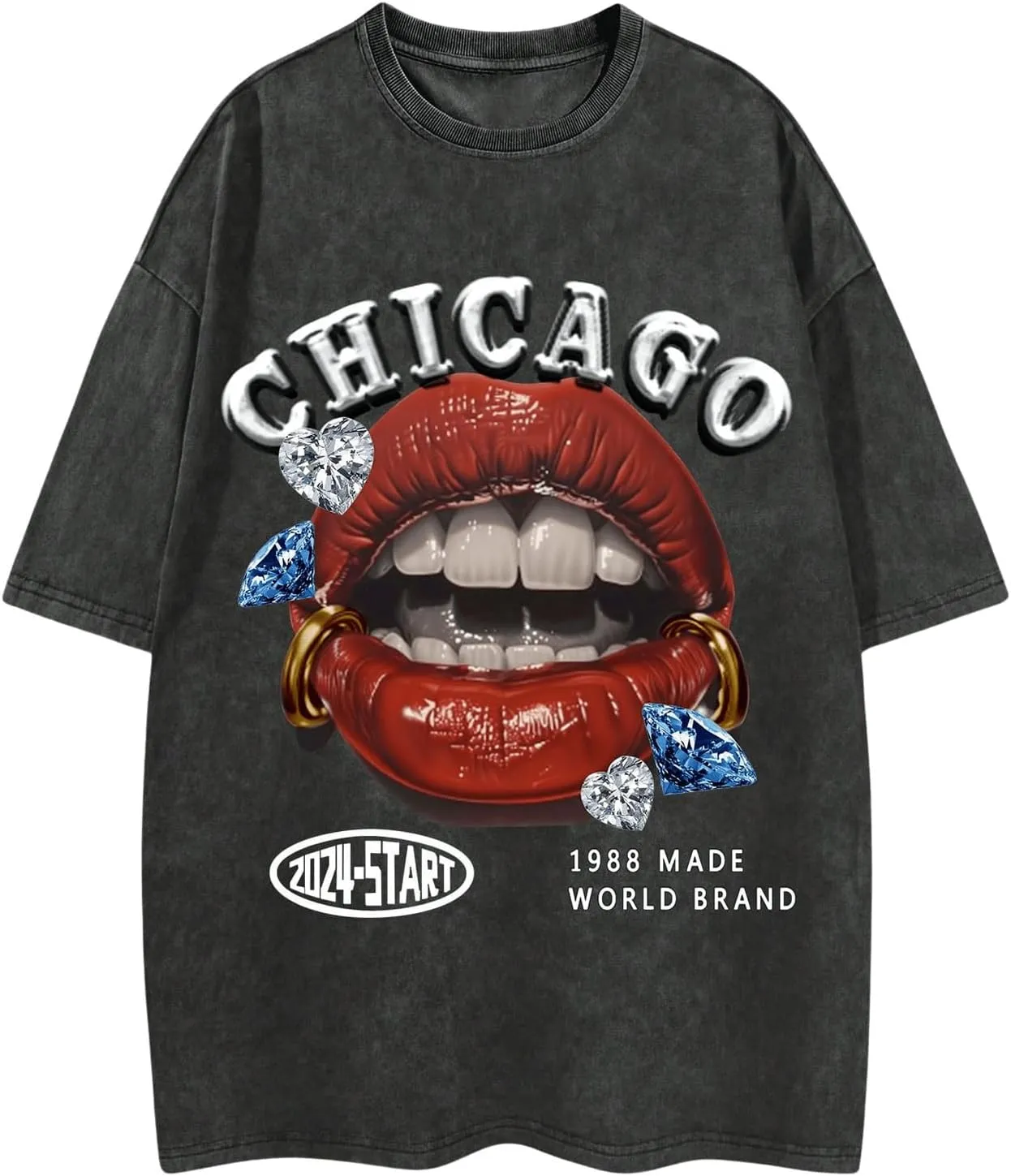 WDIRARA Men's Y2k Lip Graphic Print Tees Vintage Hipster Hip Hop Crew Neck T-Shirt Streetwear Top