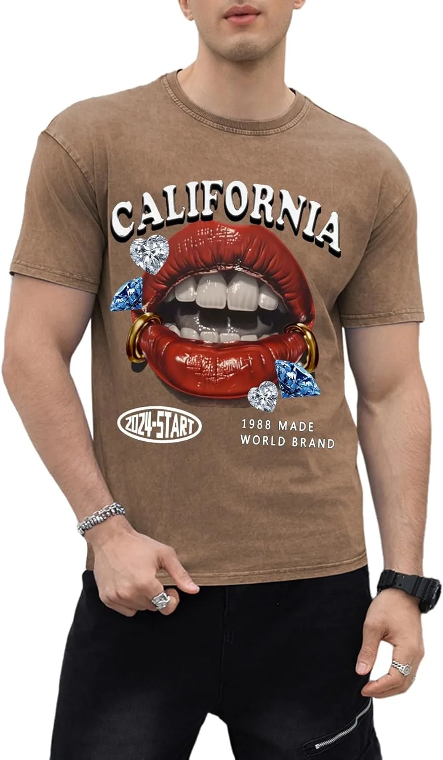 WDIRARA Men's Y2k Lip Graphic Print Tees Vintage Hipster Hip Hop Crew Neck T-Shirt Streetwear Top