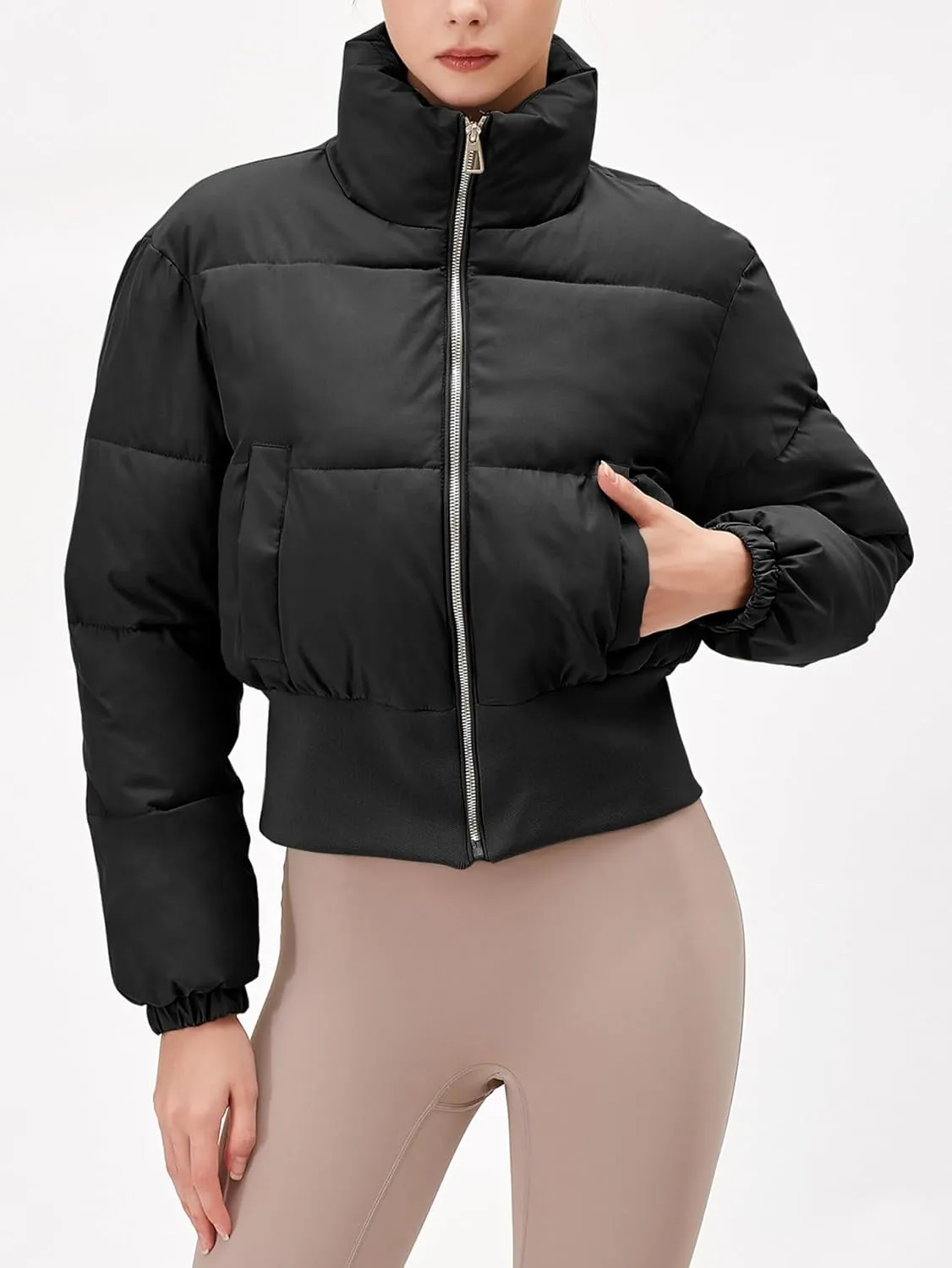 Womens Cropped Puffer Jackets Long Sleeve Short Puffy Quilted Jackets Winter Coat With Pockets