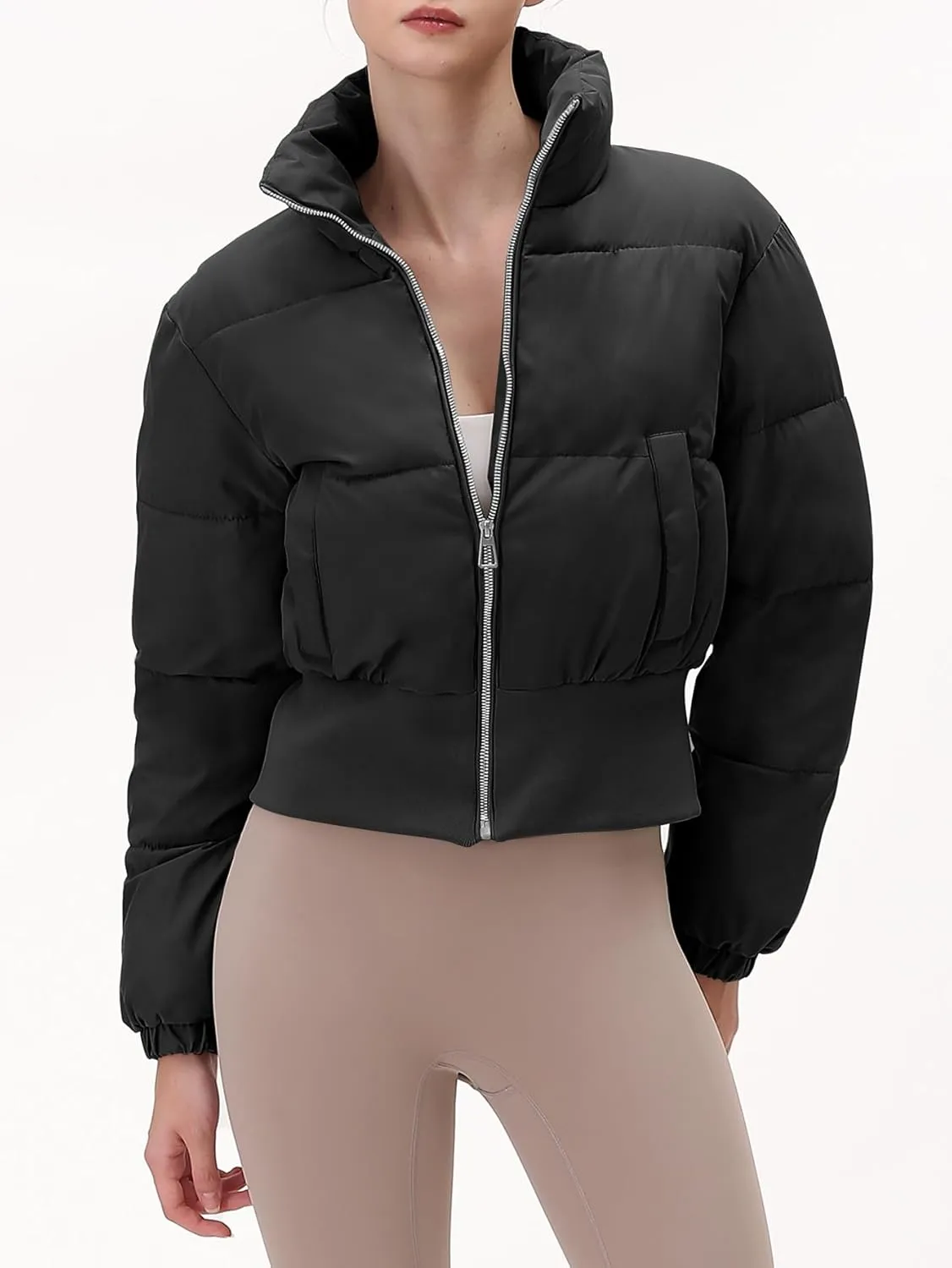 Womens Cropped Puffer Jackets Long Sleeve Short Puffy Quilted Jackets Winter Coat With Pockets