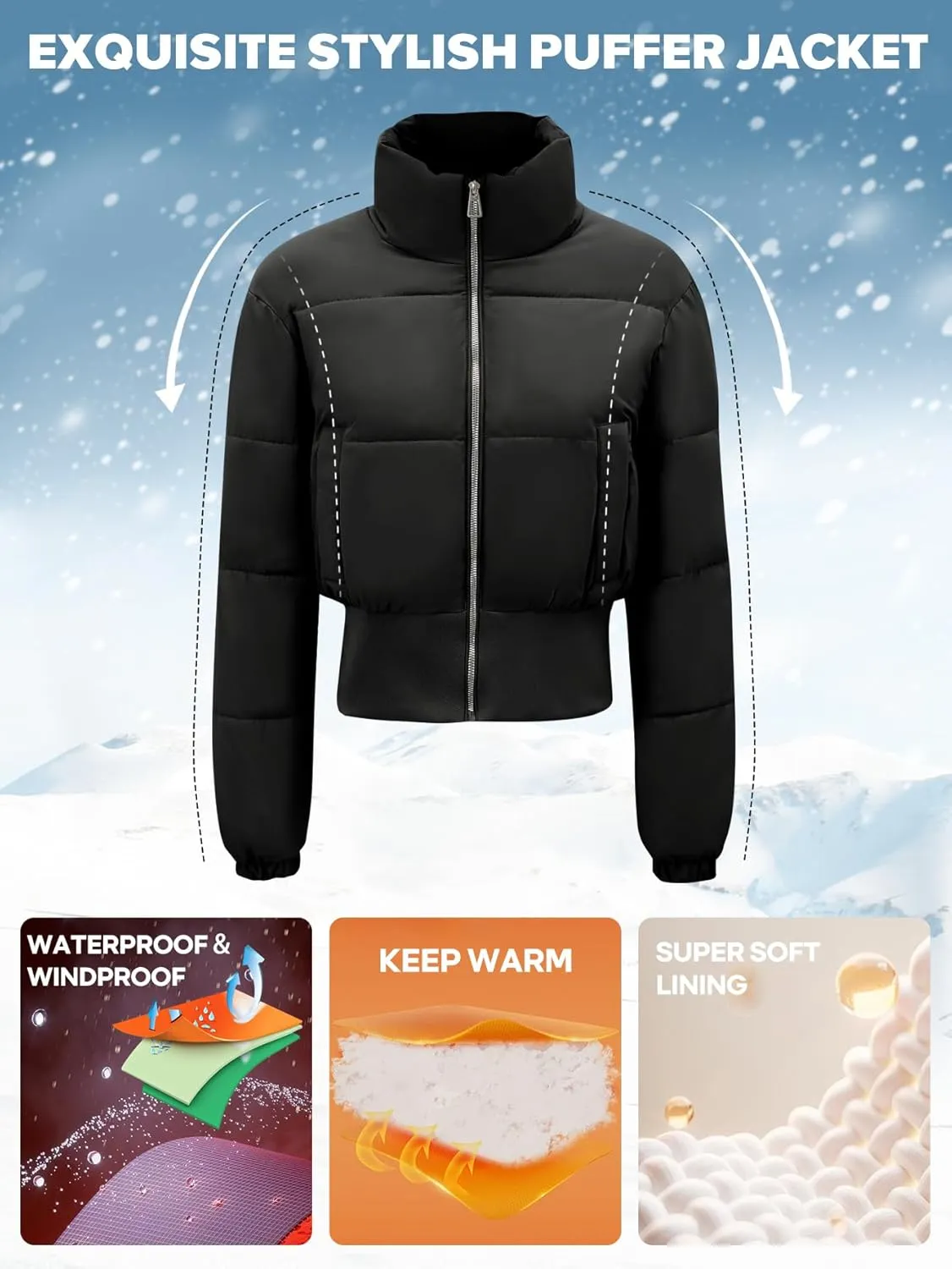 Womens Cropped Puffer Jackets Long Sleeve Short Puffy Quilted Jackets Winter Coat With Pockets
