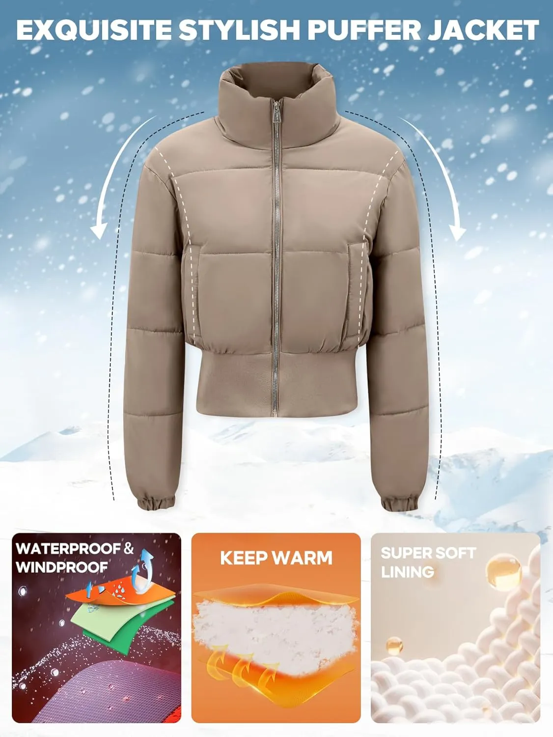 Womens Cropped Puffer Jackets Long Sleeve Short Puffy Quilted Jackets Winter Coat With Pockets