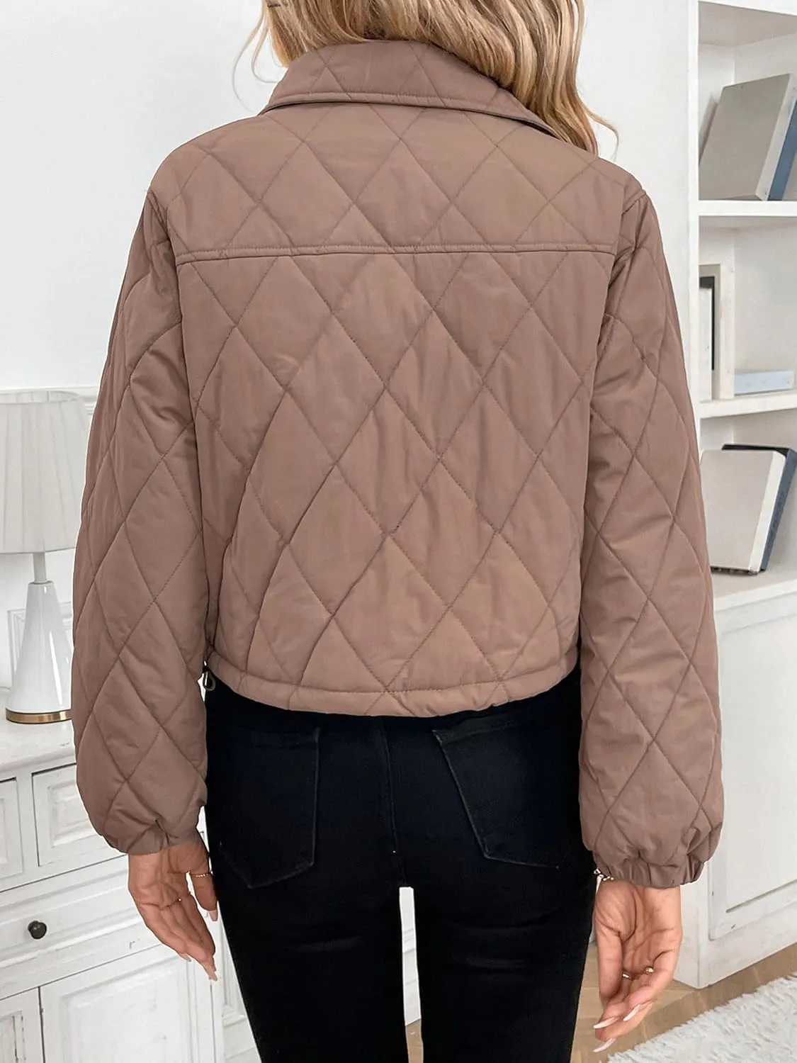 Womens Winter Cropped Puffer Jacket Button Down Sleeve Shacket Coat Warm Outerwear