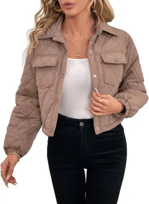 Womens Winter Cropped Puffer Jacket Button Down Sleeve Shacket Coat Warm Outerwear