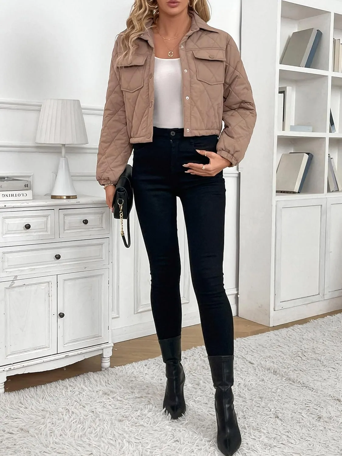 Womens Winter Cropped Puffer Jacket Button Down Sleeve Shacket Coat Warm Outerwear