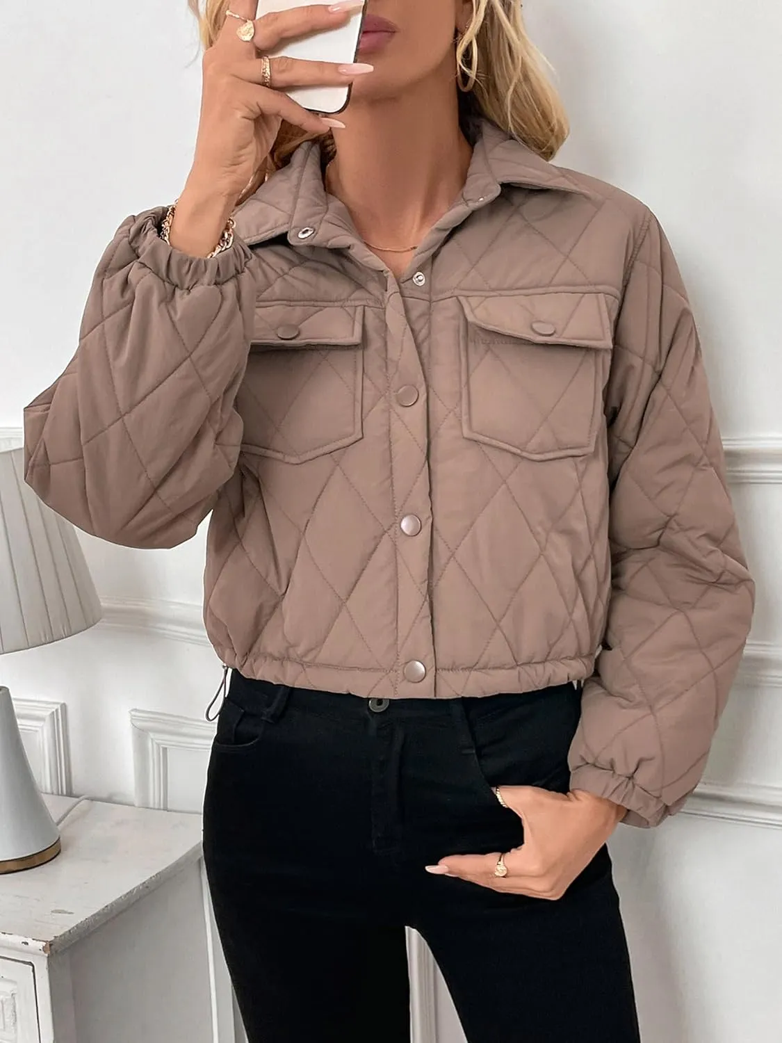 Womens Winter Cropped Puffer Jacket Button Down Sleeve Shacket Coat Warm Outerwear