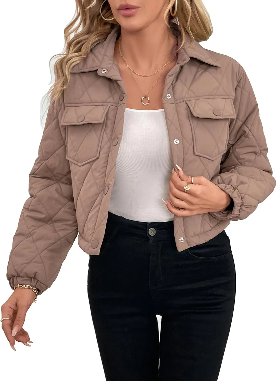 Womens Winter Cropped Puffer Jacket Button Down Sleeve Shacket Coat Warm Outerwear
