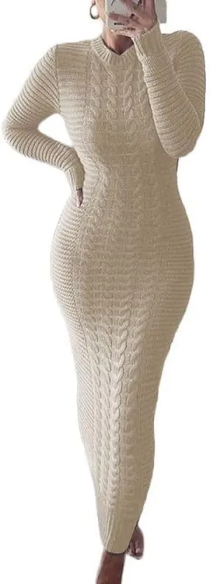 Women's Winter Warm Cable Knit Crewneck Long Sleeve Bodycon Maxi Fall Sweater Dresses