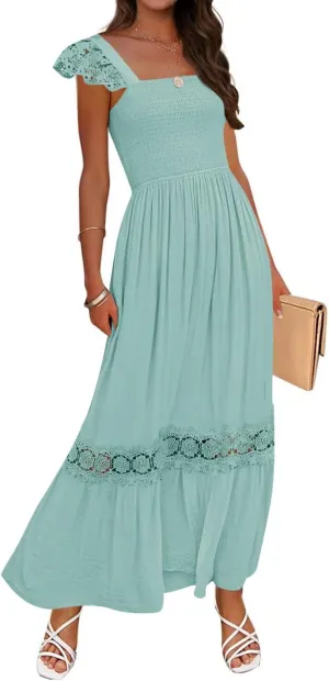ZESICA Women's 2025 Summer Lace Strap Sleeveless Square Neck Smocked High Waist Ruffle Hollow Out Flowy A Line Maxi Dress