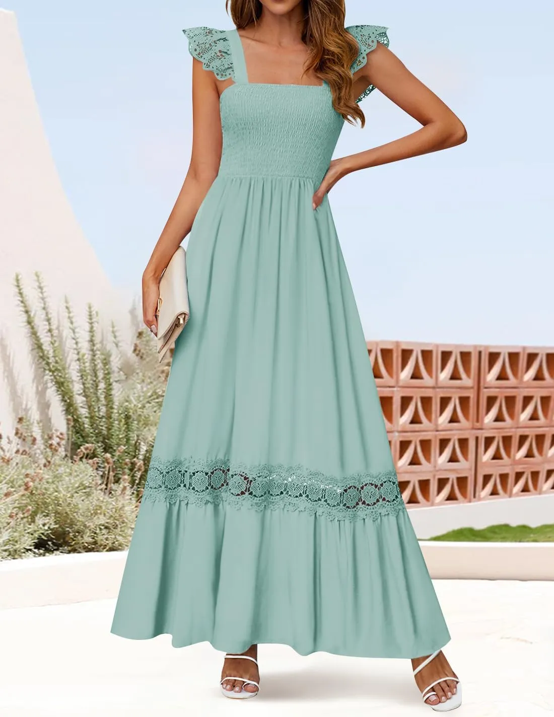 ZESICA Women's 2025 Summer Lace Strap Sleeveless Square Neck Smocked High Waist Ruffle Hollow Out Flowy A Line Maxi Dress