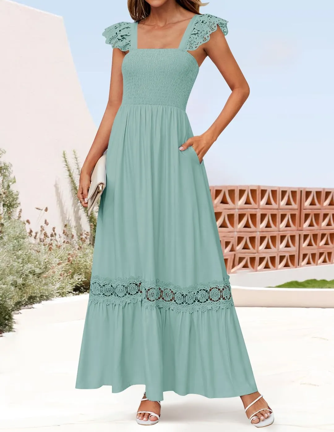 ZESICA Women's 2025 Summer Lace Strap Sleeveless Square Neck Smocked High Waist Ruffle Hollow Out Flowy A Line Maxi Dress