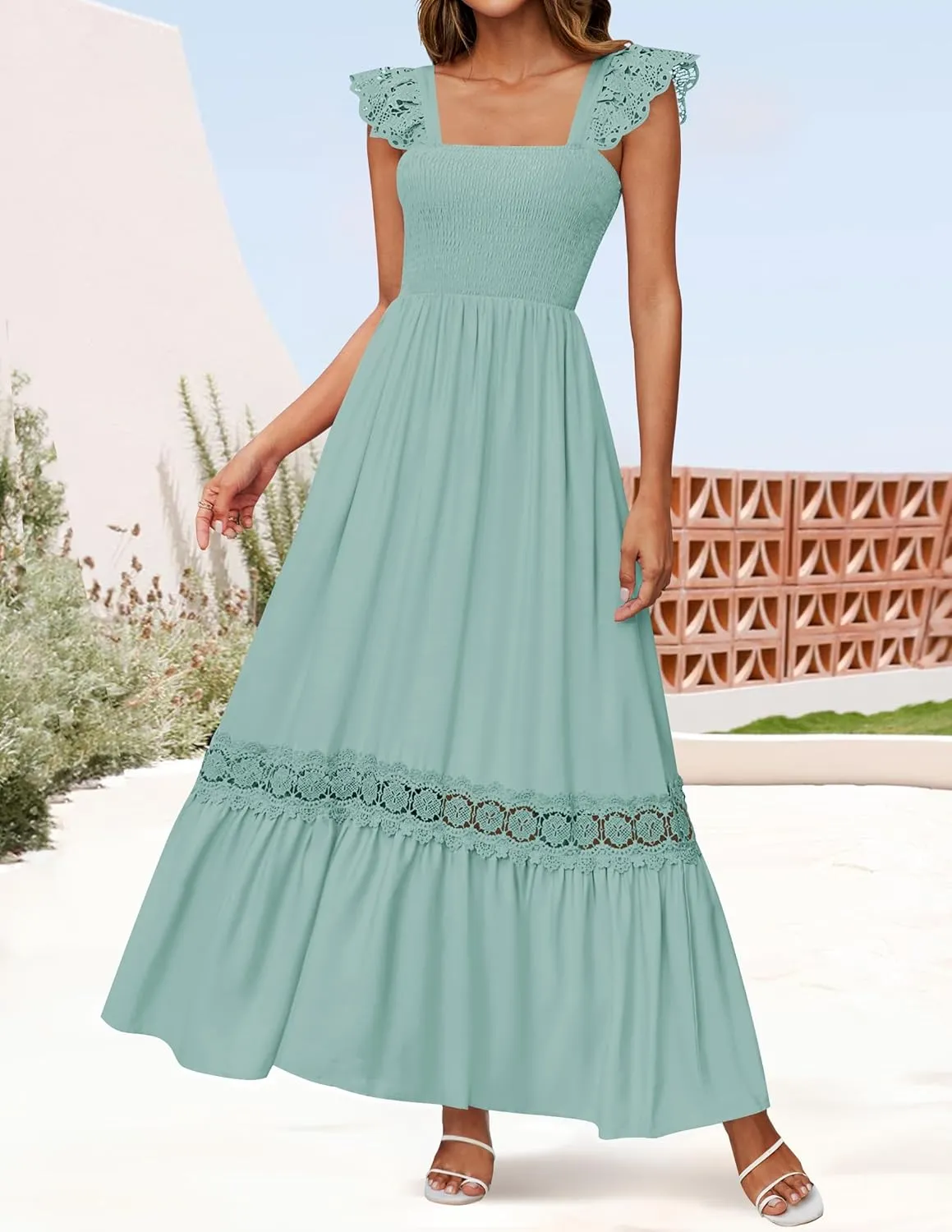 ZESICA Women's 2025 Summer Lace Strap Sleeveless Square Neck Smocked High Waist Ruffle Hollow Out Flowy A Line Maxi Dress