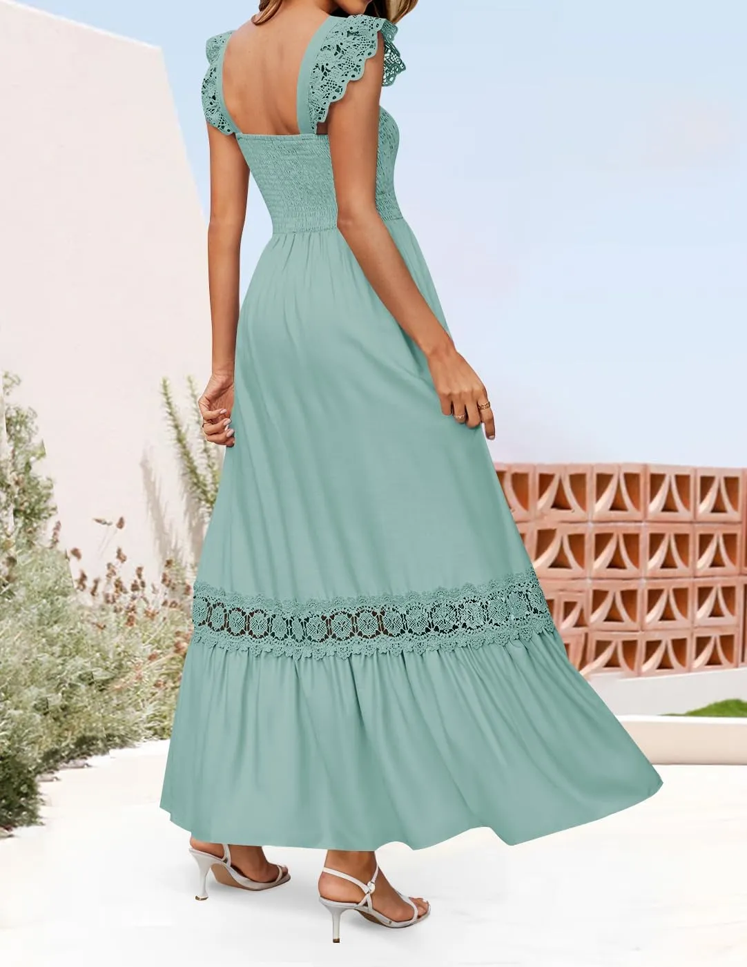 ZESICA Women's 2025 Summer Lace Strap Sleeveless Square Neck Smocked High Waist Ruffle Hollow Out Flowy A Line Maxi Dress